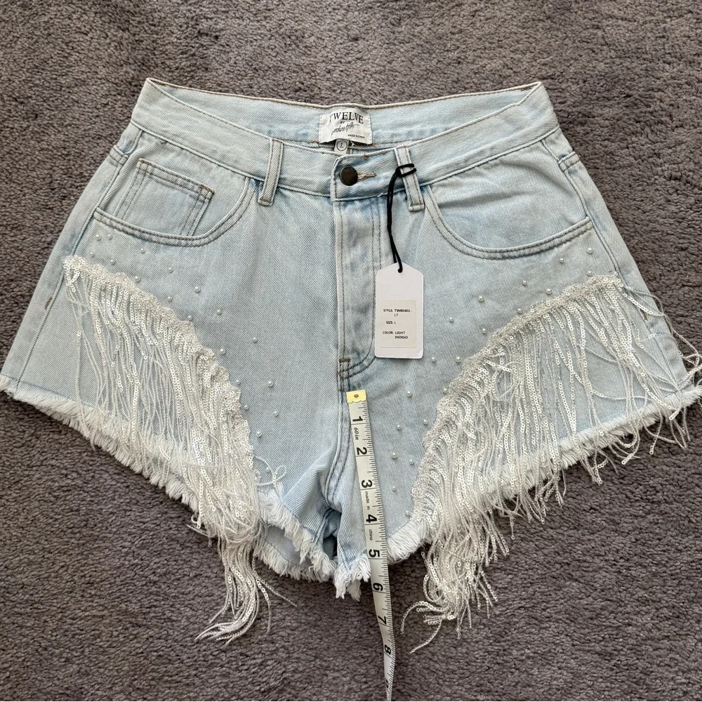 Pearl-Embellished Light Blue Fringe Denim Shorts - Picture 6 of 6